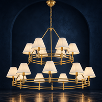 Grand lustre en laiton à double niveau avec abat-jour en soie plissée, grande lampe de plafond imposante pour escalier, villa, hôtel