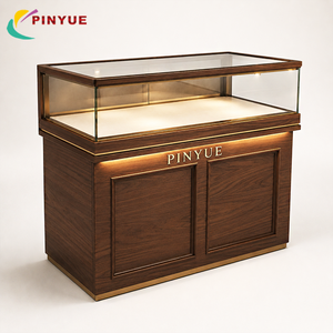 Vitrine de présentation de bijoux en verre chêne clair avec panneau en <span class=keywords><strong>bois</strong></span> à lattes, éclairage LED et moulures étagées, présentoir de comptoir pour boutique - Product Image 2