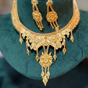 Gold Plated Traditional Floral Necklace Set with <b>Matching</b> Earrings | Indian Bridal Imitation Jewelry Wholesale Model 23247 - Product Image 1