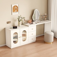 Coiffeuse moderne blanche avec armoire en verre cannelé, 3 tiroirs et tabouret cylindrique