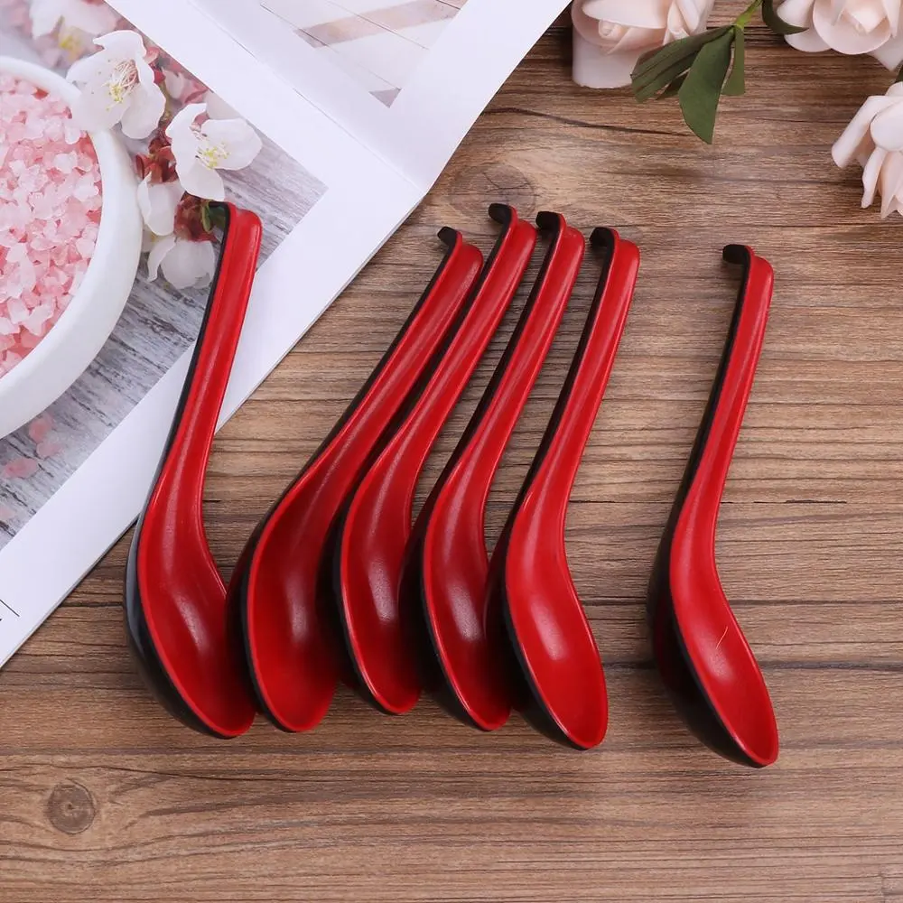 6PCS Spoon Set Large Red and Black Long Handle Fast Food Spoons Home Flatware Plastic Japanese Ramen Noodle Soup Spoons