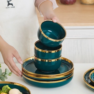 Service de table en céramique <span class=keywords><strong>vert</strong></span> émeraude de luxe avec bordure dorée, assiettes et bols en porcelaine royale européenne pour mariage, banquet, hôtel - Product Image 5