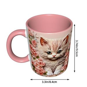 Mug en céramique cinq couleurs, motif chaton mignon avec roses roses, entièrement sublimé, avec poignée, réutilisable, pour usage domestique - Product Image 4