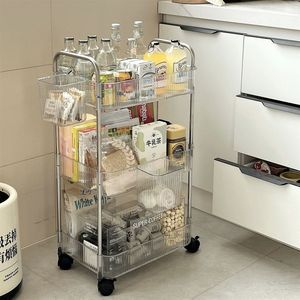 Chariot de rangement à trois niveaux avec roulettes, en plastique transparent et acier inoxydable, design minimaliste pour l'organisation de la salle de bain - Product Image 2