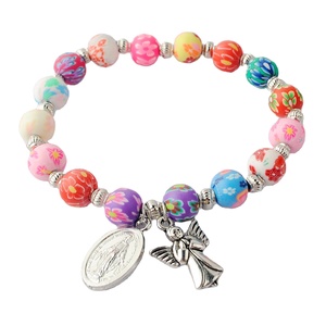 Braccialetto Cattolico <span class=keywords><strong>con</strong></span> Perline Rotonde Multicolore da 8mm, Medaglia della Vergine Maria e Ciondolo <span class=keywords><strong>Angelo</strong></span>, Gioielli Religiosi - Product Image 1