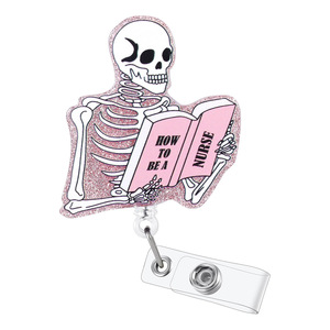 En stock : Porte-badge/clip d'identification/porte-badge d'infirmière/porte-badge à glissière/clip crocodile/porte-badge à tirette pour hôpital, motif crâne amusant rose pailleté - Product Image 1