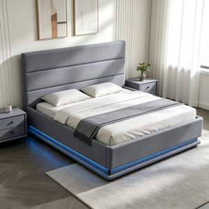 <span class=keywords><strong>Letto</strong></span> con Piattaforma in <span class=keywords><strong>Legno</strong></span> Rivestito in Pelle Sintetica Grigia Stile Moderno con Striscia LED e <span class=keywords><strong>Testiera</strong></span> Alta Morbida - Product Image 2