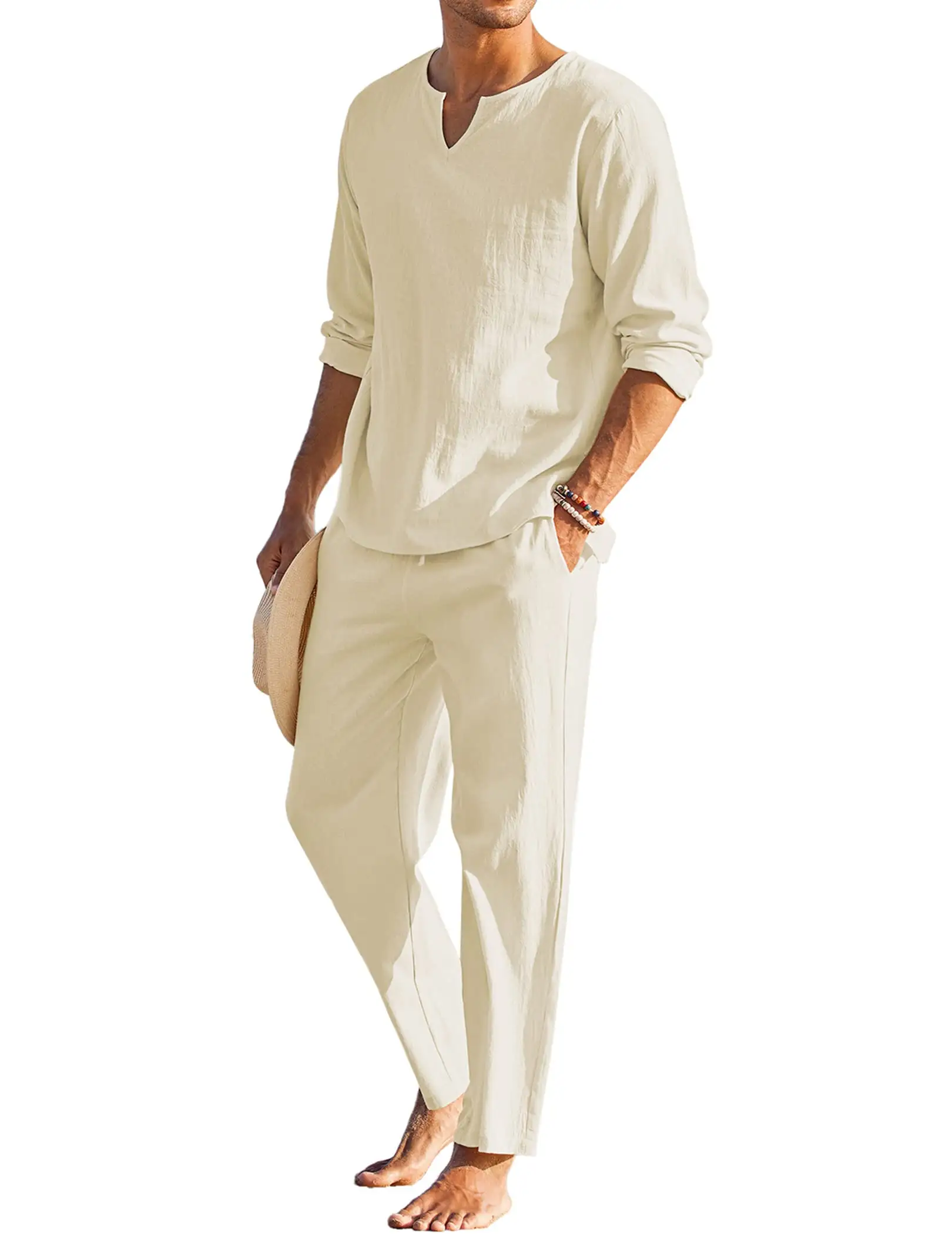 Men's 2 Pieces Cotton Linen Set Henley Shirt Long Sleeve and Casual Beach Pants Summer Yoga Outfits