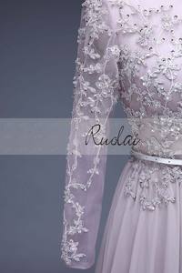 RUOLAI PEV-L3014 özel dantel Rhinestone aplike ile kemer uzun kollu tül elbise mor abiye uzun - Product Image 5