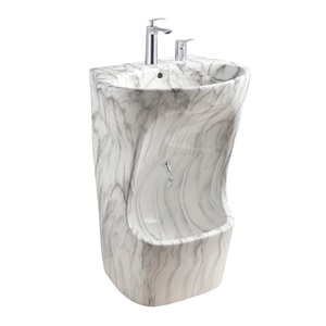 Lavabo Moderno Doppio per Bagno in Ceramica Bianca con Piedistallo e Top in Marmo Dorato, Lavabo Musulmano Wudu - Product Image 5