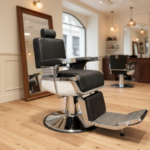 Sillón de Barbería y Peluquería Plegable y Retráctil de Cuero Moderno de Alta Gama <span class=keywords><strong>para</strong></span> Afeitado, Recorte Facial y Corte de Cabello - Product Image 1