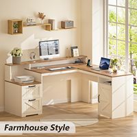 Bureau d'angle exécutif en L de style farmhouse, durable, avec support pour écran, étagère pour imprimante et rangement, directement de l'usine