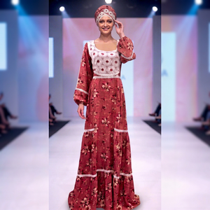 Robe longue d'été élégante et luxueuse à imprimé floral africain en rayonne, manches longues bouffantes, bordure en dentelle, séchage rapide, respirante, traditionnelle - Product Image 1