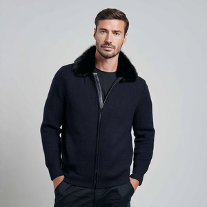 <strong>Men</strong> Slim Fit Knit Jacket with Removable Fur Collar | Merino <strong>Wool</strong> Urban <strong>Cardigan</strong> for Europe Wholesale - Product Image 2