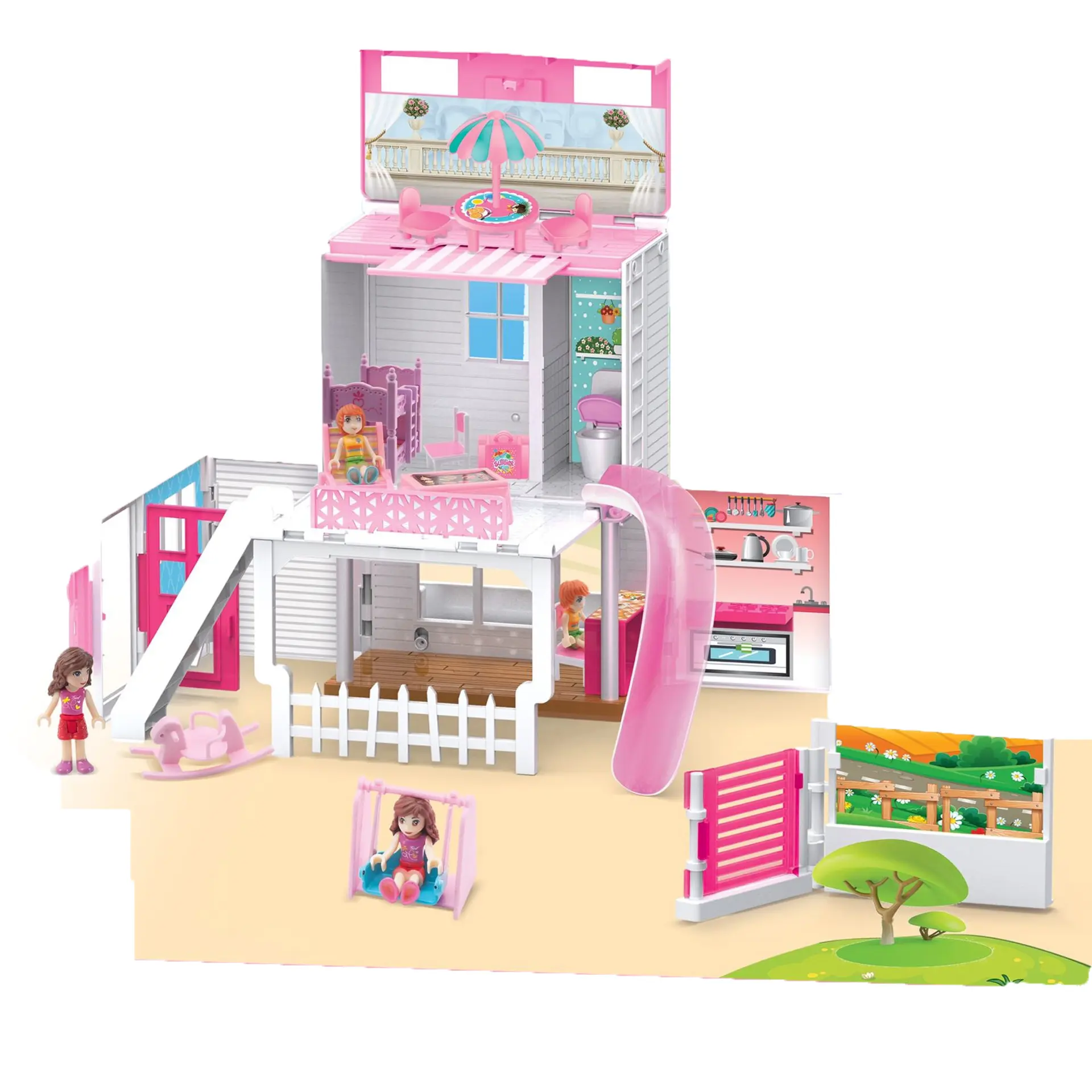 High Quality Plastic Diy Villa With Beach Tables and Chairs Set Mini Doll In Villa Toy With Swing Storage Villa For girl