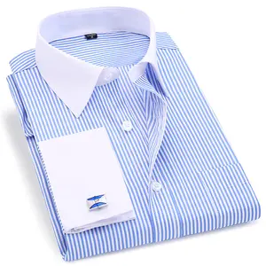 高品质男士袖扣休闲长袖设计白色法式条纹衬衫