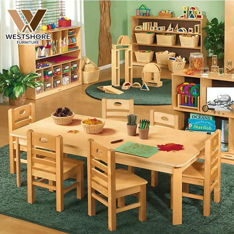Montessori Play School Furniture Kindergarten Kids' Furniture Sets Baby Wooden Table And Chair Kid Colorful Daycare Furniture