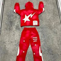Ensemble de survêtement unisexe délavé à l'acide avec sweat à capuche zippé et pantalon évasé effet vieilli et patchs