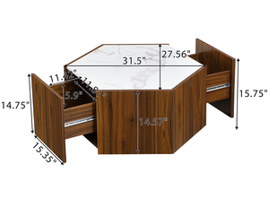 Moderner Marmor-Couchtisch mit 2 Versteckten Schubladen Strukturierte Weiße Oberfläche Walnuss-Eichen-Finish - Höhenverstellbar für Wohnzimmer - Product Image 4