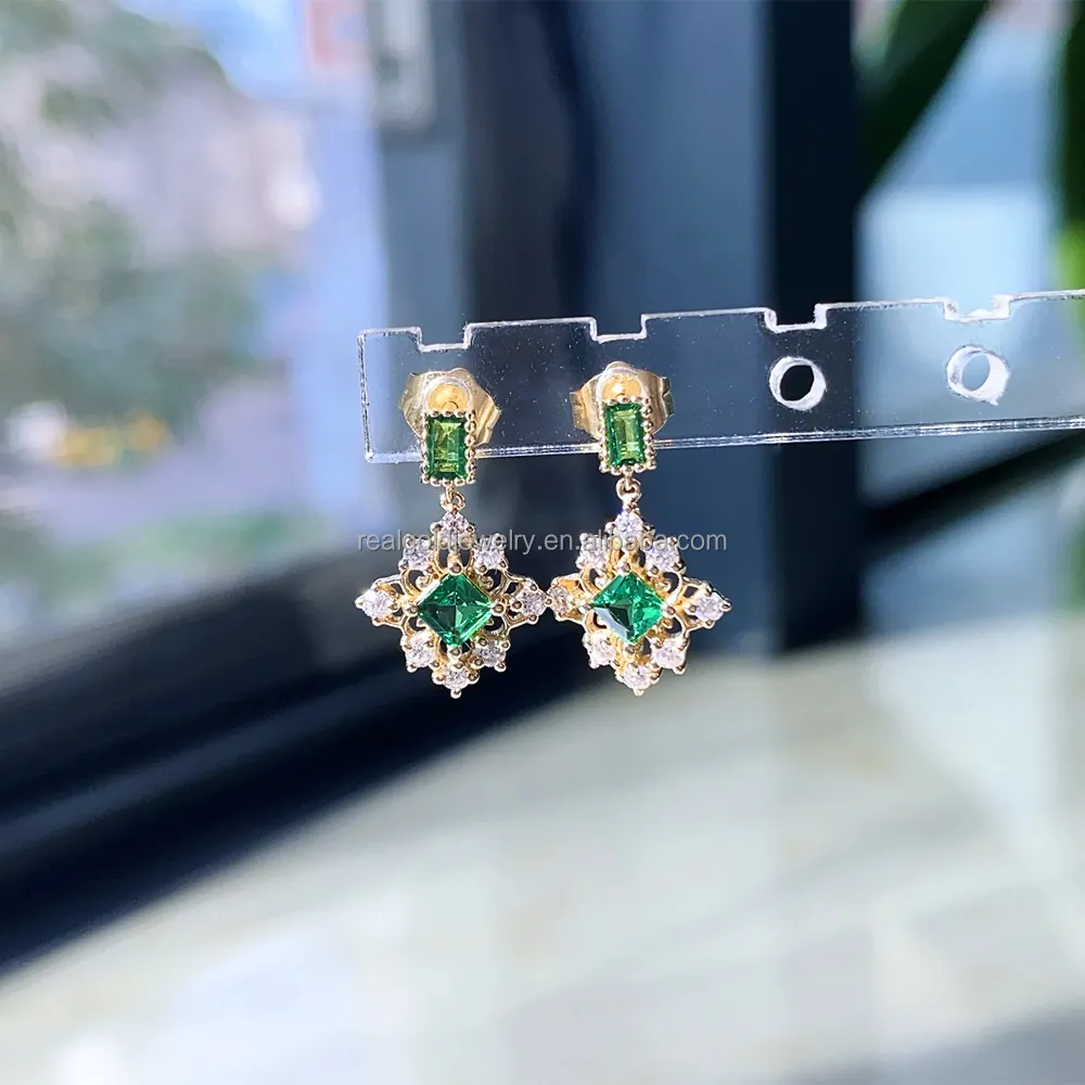 New Arrival au585 14k rắn Vàng Vàng Stud Earrings với moissanite và tsavorite đồ trang sức mỹ thiết kế thanh lịch cho người phụ nữ