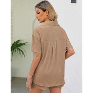 FOXA Womens 2 Piece Casual Outfits Summer Pleated Short Sleeve Top Button Down Shirt <b>Set</b> Breathable Y2K Style - Product Image 6