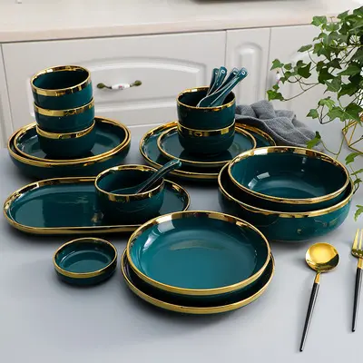أدوات مائدة خزفية من الصين, أدوات مائدة من الطين الأخضر الغامق بسعر الجملة ، أدوات مائدة خزفية خزفية ، أواني عشاء
