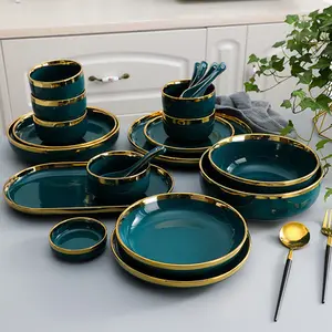Vajilla nórdica de porcelana de hueso fino, platos de cerámica, vajilla verde oscuro, juego de cena, venta al por mayor