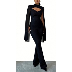 Combinaison à manches cape à découpes scintillantes pour femmes - Combinaison moulante à col haut pour soirée formelle Sehe Fashion - Product Image 2