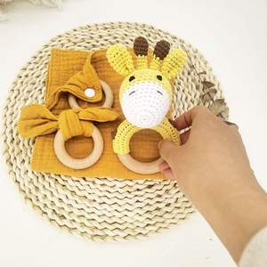 Manta de muselina de algodón para bebé, mordedor de madera con Orejas de conejo, conjunto de sonajero de elefante de ganchillo, conjunto de regalo para bebé, superventas - Product Image 1