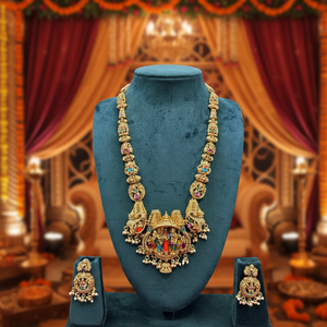 Traditional South Indian Temple Long Bridal Necklace <b>Set</b> Alloy Gold Plated Zircon Earrings Vintage Wedding Engagement Party High - Product Image 3