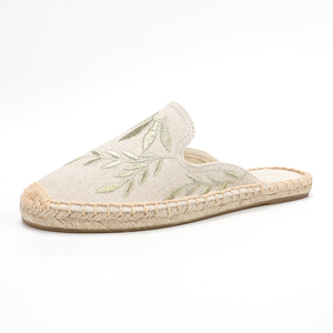 Custom Embroidered Closed Mule Espadrilles Beige Canvas <strong>Green</strong> Leaf Rubber Sole Backless <strong>Slides</strong> Women's All-Match Spring Summer - Product Image 5