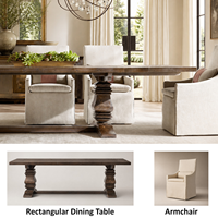 Ensemble de table à manger extensible rectangulaire de style vintage américain avec base sur pied tourné et fauteuils en lin pour résidences