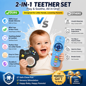 Ensemble <span class=keywords><strong>de</strong></span> jouets <span class=keywords><strong>de</strong></span> dentition 2-en-1 pour bébé : Bâtonnet <span class=keywords><strong>de</strong></span> dentition en silicone <span class=keywords><strong>de</strong></span> qualité alimentaire sans BPA et jouet sensoriel à mâcher en forme <span class=keywords><strong>de</strong></span> télécommande - Product Image 5