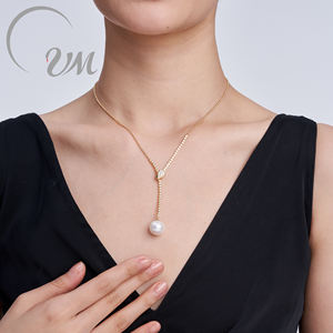 UM Jewelry Yellow Gold 18K Solid Gold <b>Necklace</b> Natural Diamond Freshwater Pearl Engagement Wedding Unisex Daily Memorial Party - Product Image 1