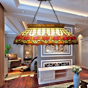 Lustre Tiffany en verre teinté fait main, 41 pouces, 6 LED, lumières blanches chaudes, motif de fleurs de tulipe, lampe suspendue pour l'éclairage de la salle à manger - Product Image 1