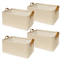 Paniers de rangement élégants rectangulaires 100% coton avec poignées en PU, paniers d'organisation multi-usages pour vêtements et rangement de cuisine