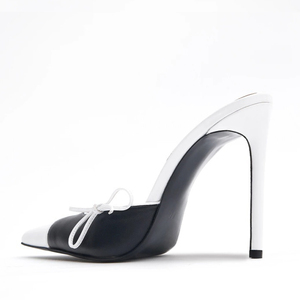 Sandales à nœud latéral pour femmes, grande taille 45, sexy, à talons aiguilles, bout pointu, style mules patchwork - Product Image 4