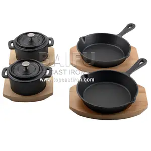 Mini Round Cast Iron Casserole Dutch Oven with Lid & Wooden Base,Mini Cast Iron Skillet With Wooden Base