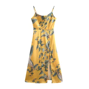 Yellow color fashion printed side high slit ladies summer trending casual dress