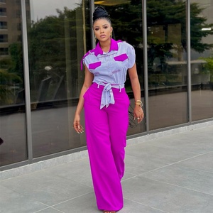 2024 Summer New Fashion Casual Suit for European American Women Lapel Short Sleeve Shirt Wide Strap <b>Pants</b> Woven Solid Pattern - Product Image 3