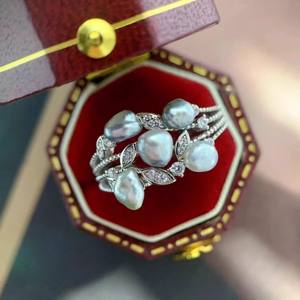 Ensemble de bijoux en argent DIY 10637, bague en argent S925 avec perles rondes de 10 à 13 mm, édition légère, accessoires en perles, style tendance incrusté - Product Image 2