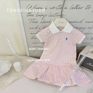 Child Star Circle Girls Pink White Checkered Polo Shirt Short Sleeve Breathable Summer Casual Outfit - Product Image 3