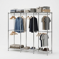 Porte-vêtements commercial en fil chromé avec étagères multiples, double barre de suspension, robuste, autoportant, pour présentation de vêtements