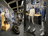 Présentoir de jeans en métal, meuble d'exposition sur pied, table de vêtements en bois