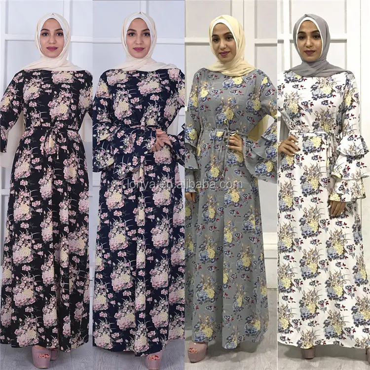 최신 패션 Abaya 우산 프릴 슬리브 꽃 인쇄 두꺼운 크레페 Baju Kurung Pahang Nighty 두바이 Kaftan 드레스