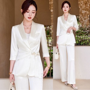 Women's White Satin Suit Set Three Quarter Sleeve Formal Wear Summer Anti-Wrinkle Pants Jacket Set - Product Image 1