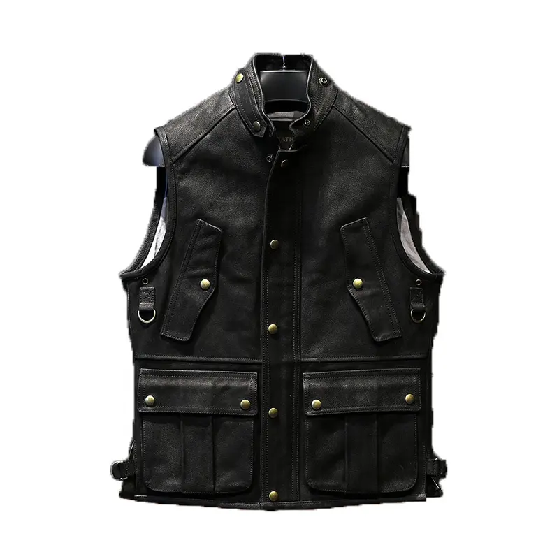 OEM New Customized wholesale Outdoor Hunting Sports sleeveless Coats Genuine Leather Utility Gilet Men's Cowhide Vests & Waist