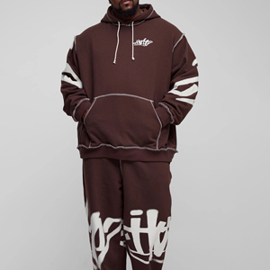 Men's Brown Oversized Hooded Sweatshirt Set With White Letter Print Pocket Fleece Tracksuit Autumn Wear - Product Image 6