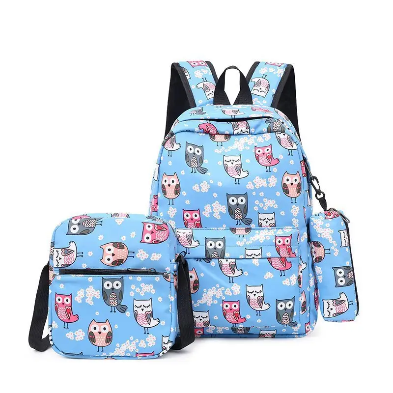 2023 new tide vintage printed canvas schoolbag female leisure outdoor backpack female students three-piece set