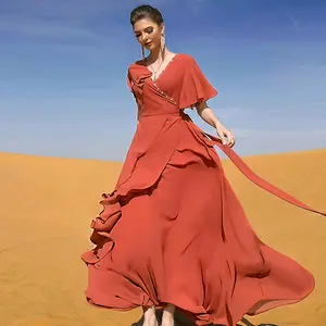 Wholesale Fashion Solid Polyester Maxi Short Sleeve Dubai Women Orange Clothing Dress Abaya From Turkey Women Muslim Dress